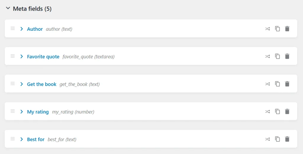 custom post type books - meta fields list