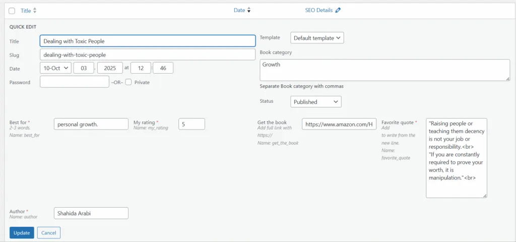 quick edit custom post type from the dashboard