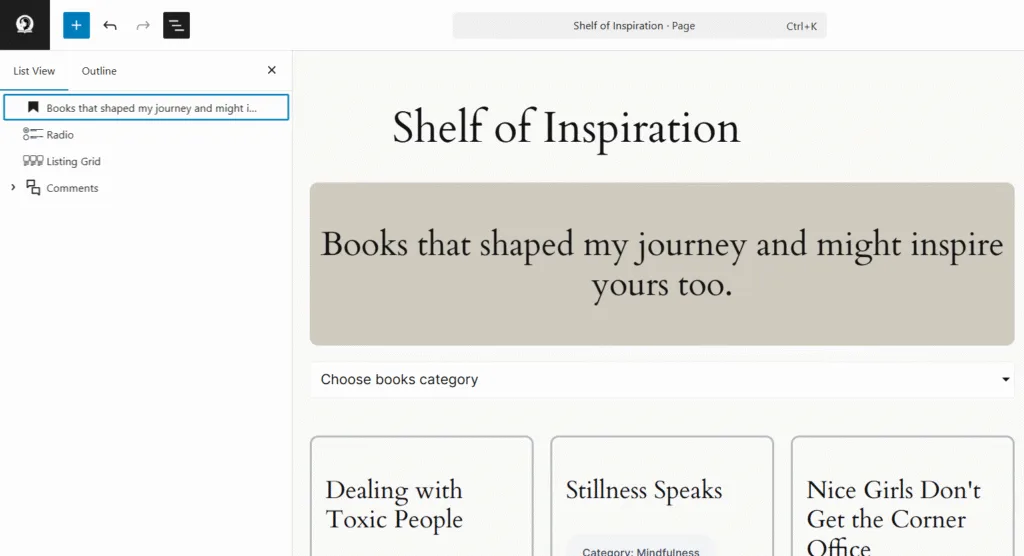 book page structure in wordpress dashboard