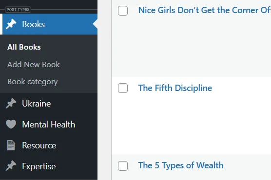 Books post types in the dashboard