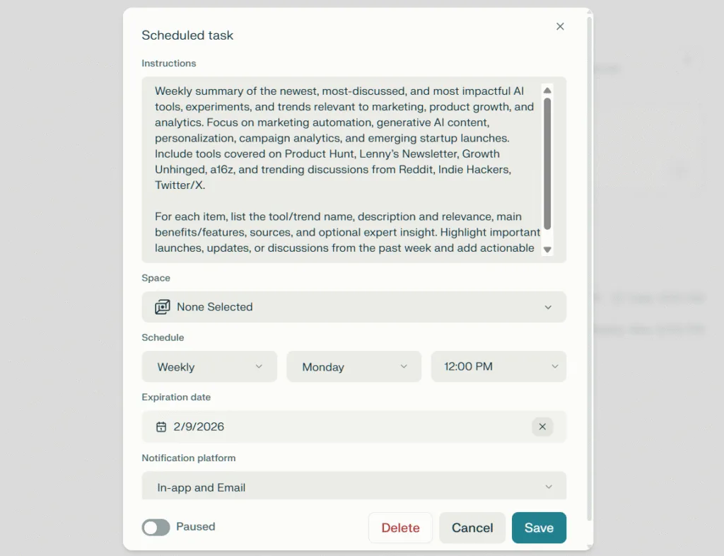 example of perplexity scheduled task